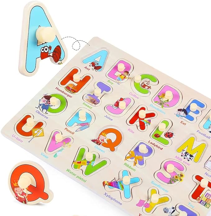 GRINNNIE Wooden Montessori Toddler Puzzles for 1 2 3 4 Years Old, 3 Pcs (Number, Letter, Shape) Kids Preschool Educational Peg Puzzle Set