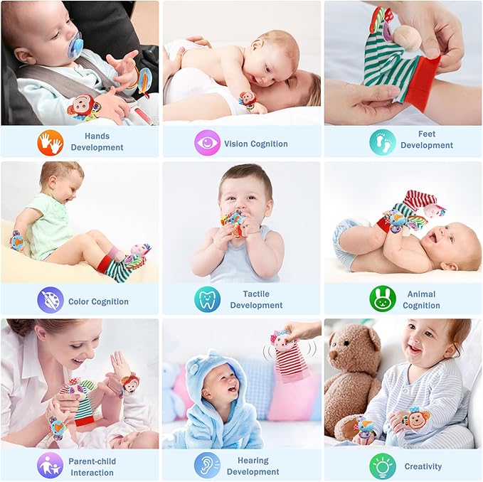 Infant Rattle Socks Toys 0 to 12 Months, Baby Wrist Rattle Foot Finder Socks Set, Birthday Holiday Present for Newborn Boy Girl 0/3/4/6/7/8/9/12/18 Months Kids Toddler, Gift Box Package (4A)