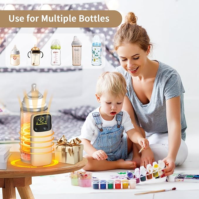 Portable Bottle Warmer, Travel-Friendly, Leak-Proof, Precise Temp-Control & LCD Display, Long Battery Life for Constant-Warm for 5-8 Hours, Feeding While Charging, Fast-Charging