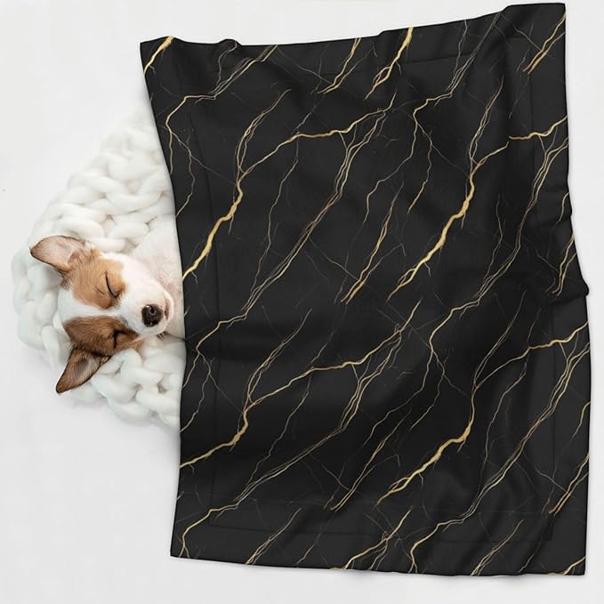 Dog and Cat Blanket in One, Chic Black and Gold Marble Texture, Double Sided Plush Throw with Raised Dot Pattern on One Side and Flat Velvet on Other for Variety