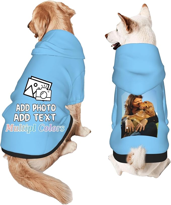 Custom Dog Hoodie Add Your Design Soft & Warm Personalized Photo Text Logo Name Dog Clothes for Puppy Sweatshirt Hooded for Small Medium Large Dogs Girl/Boy Cats LightBlue