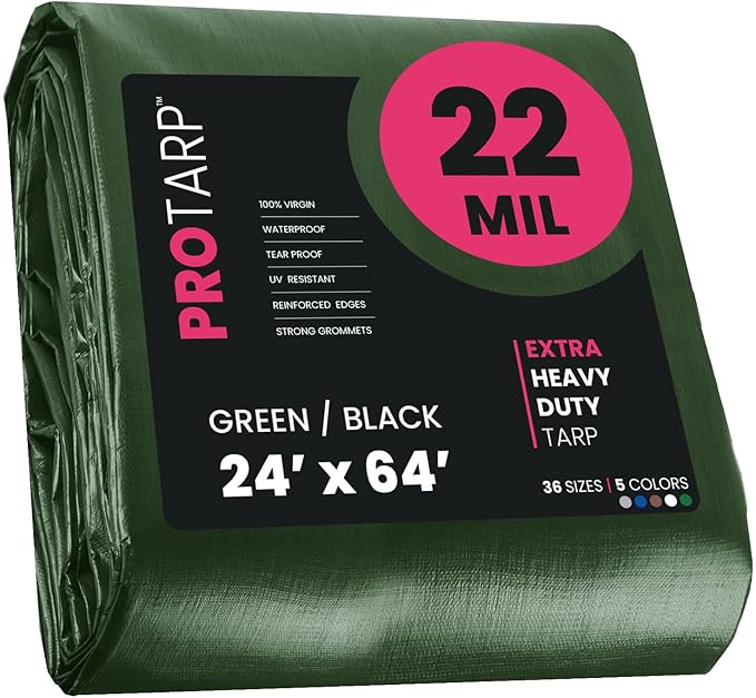 PROTARP Extreme Heavy Duty 22 Mil Tarp Cover, Waterproof, UV Resistant, Rip and Tear Proof, Poly Tarpaulin with Reinforced Edges for Roof, Camping, Patio, Pool, Boat. (Green/Black 24′ X 64′)