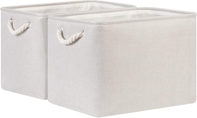 Bidtakay Large Fabric Storage Bins Beige Linen Closet Organizers Set of 2 Baskets for Shelves Clothes Bedroom 16x11.8x11.8 Inch Foldable Organization Baskets for Towels Blankets Storage Dog Toys