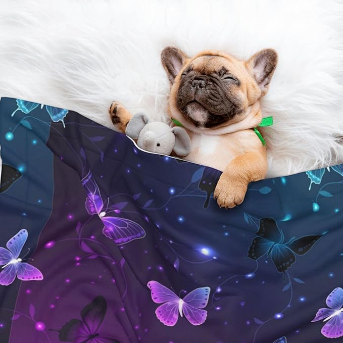 Double Sided Pet Mat for Dog Bed Topper Cat Blanket Furniture Protector, Background with Night Butterflies, Reversible Plush with Tactile Dot Pattern for Style Change
