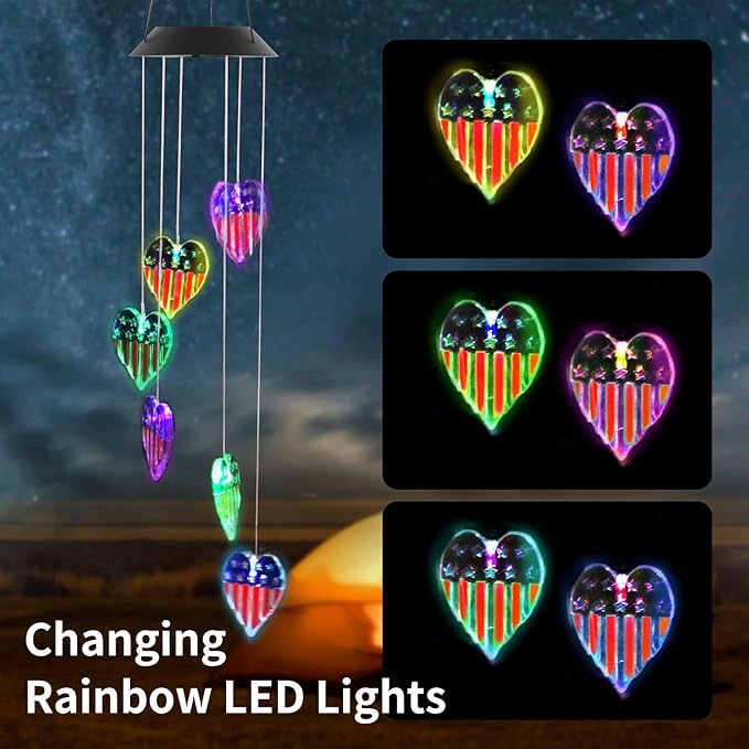 American Flag Solar Wind Chimes, Heart-Shaped Love Patriotic Wind Chime Color Changing Solar Lights for Garden Patio Home Decor