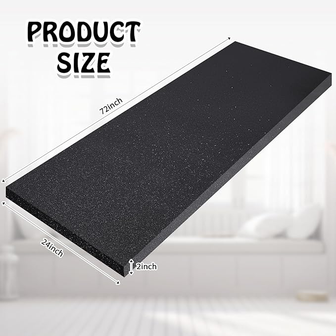 Amylove Polyurethane Foam 24" x 72" High Density Cushion Upholstery Foam Sheet for Seat Replacement DIY Projects Chairs Headboards Sofas Home(2" x 24" x 72",Black)