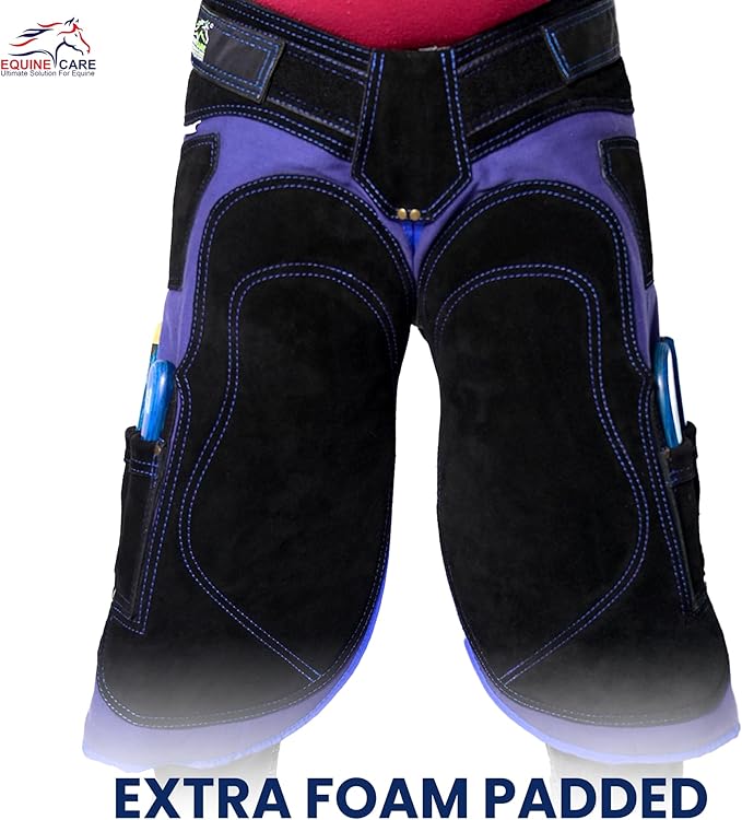 Equine Care Farrier Apron Chaps – 23" to 27" Cowhide Suede Leather & 500 GSM Canvas, Adjustable Waist 28"-52", Back Support, 4 Hoof Knife Pockets & 2 Nail Magnets. (25 inches (65 cm))