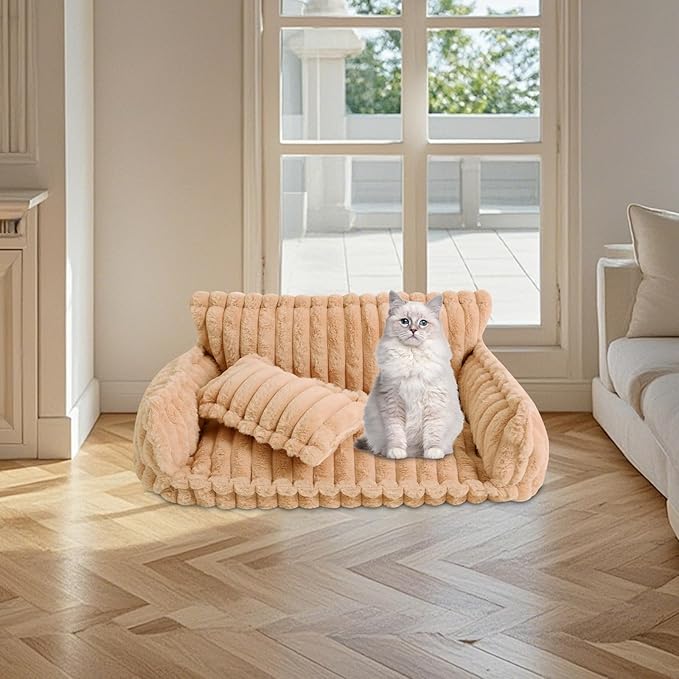 Cozy Pet Couch Bed for Dogs & Cats, Removable Washable Fluffy Couch with Pillow, Non-Slip Soft Cat Dog Bed Large, Modern Pet Furniture Sofa for Small Medium Pets(Caramel)