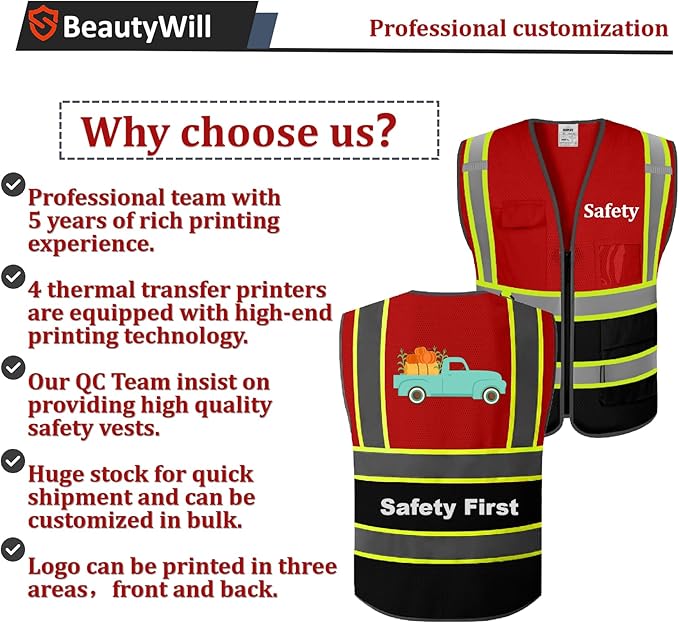 10 Pack Custom Safety Vest Customized Logo Mesh Vest Class 2 High Visibility Reflective Vest with Pockets Workwear（Red Black，XXL ）