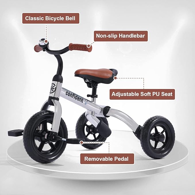 Ancaixin 3 in 1 Toddler Tricycles for 2-5 Years Old Boys Girls with Adjustable Seat Detachable Pedal and Bell, Foldable Baby Balance Bike Riding Toys, Kids Birthday Christmas New Year Gift (Silver)