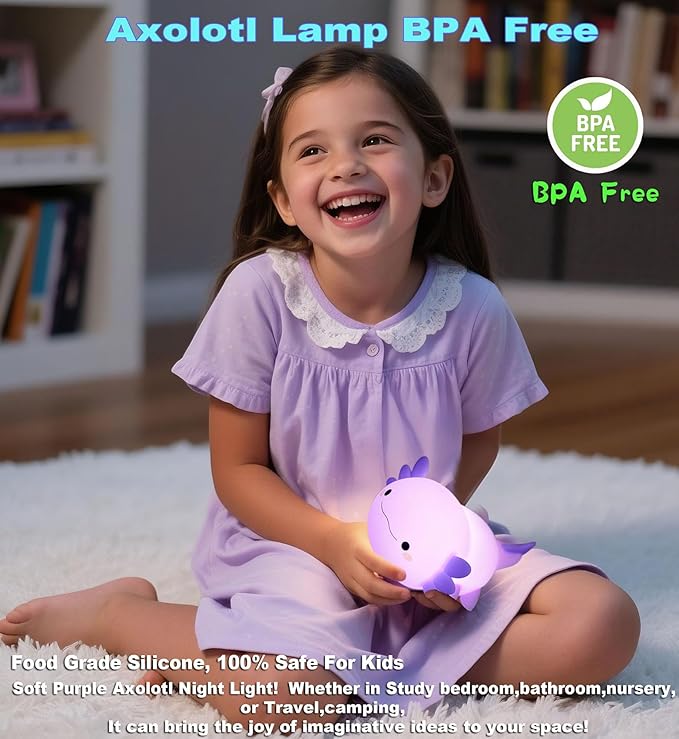 HAPPYBAG Axolotl Night Light,Cute Axolotl lamp Gifts for Kids,Dimmable Silicone Animal Nursery Night Light,Kawaii Rechargeable Bedside Touch Lamp,Baby Room Decor Axolotl Light