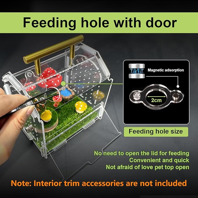 Jumping Spider Enclosure, 5.9" X 4.7" X 5.5" Acrylic Spider Habitat, Front Opening Reptile Terrarium with Matrix Ventilation Holes & Feeding Holes, for Hermit Crab Tarantula Mantises Beetles