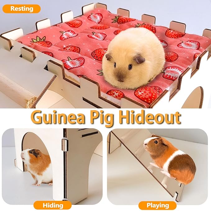 Guinea Pig Hideout,Large Wooden Guinea Pigs House with Stairs and Mats,Detachable Guinea Pig Castle Hide for Small Animals Hamster Chinchilla Ferret Habitats Accessories