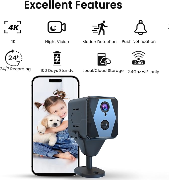 Indoor Camera, 4K Security Camera, Wireless Camera with 100-day Standby Time, Real-Time Recording, AI Motion Detection, Support Cloud & TF Storage, Auto Night Vision, Cameras for Home Security