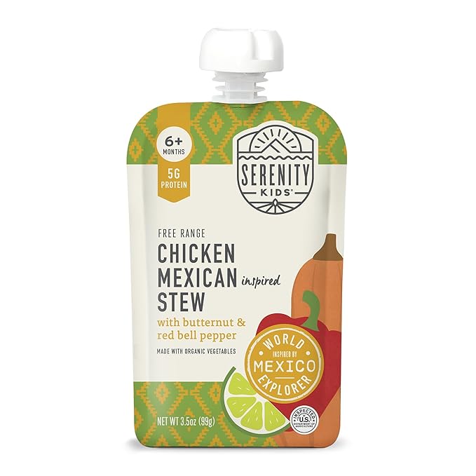 Serenity Kids 6+ Months World Explorers Mexican Chicken Baby Food Pouches - Chicken Mexican Stew - BPA-Free Organic Baby Food Puree with Protein & Veggies - 3.5 Oz, 6 Count