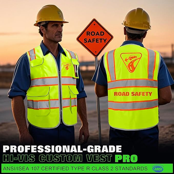 BeautyWill 5Pack Custom Logo Safety Vest 8 Pockets Class2 ANSI Certified High Visibility Reflective Vest for Men - Personalized Logo Heavy-Duty Work Vest（Yellow，3XL）