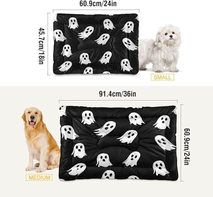 Halloween Dog Bed Mat - Ghost Spooky Comfortable Pet Kennel Washable Cat Crate Pad Sleeping Mattress for Large Medium Small Dogs - 36 x24 Inch