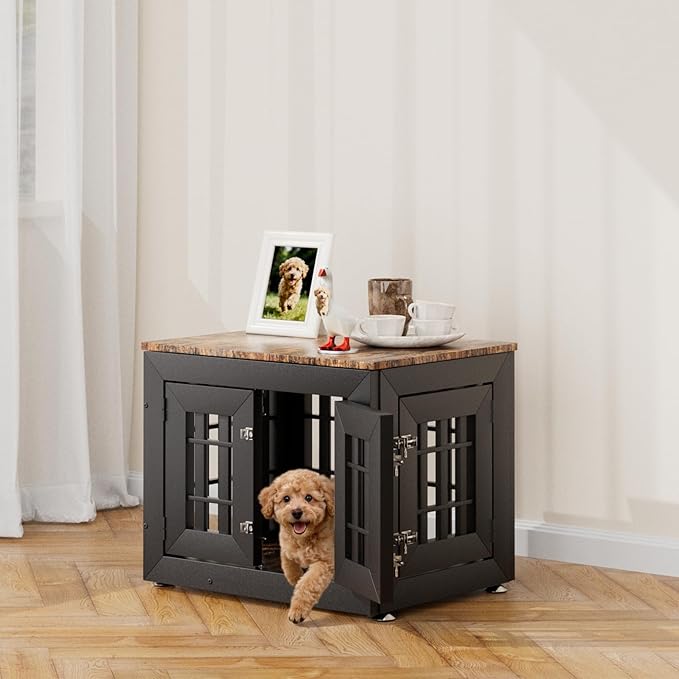26" Heavy Duty Dog Crate Furniture for Small,Medium and Large Dogs,Rustic Wooden Dog Cage Kennel Indoor Furniture with Waterproof Top,Decorative Pet House Side End Table (Black & Wood)
