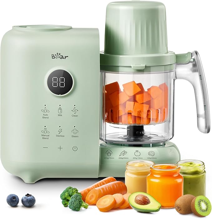Bear Baby Food Maker with Two Layer Steam Baskets, Multifunction Baby Food Processor Steamer Puree Blender, Baby Food Mill with Bottle Warming Sterili-zing Auto Cleaning Function, BPA-Free