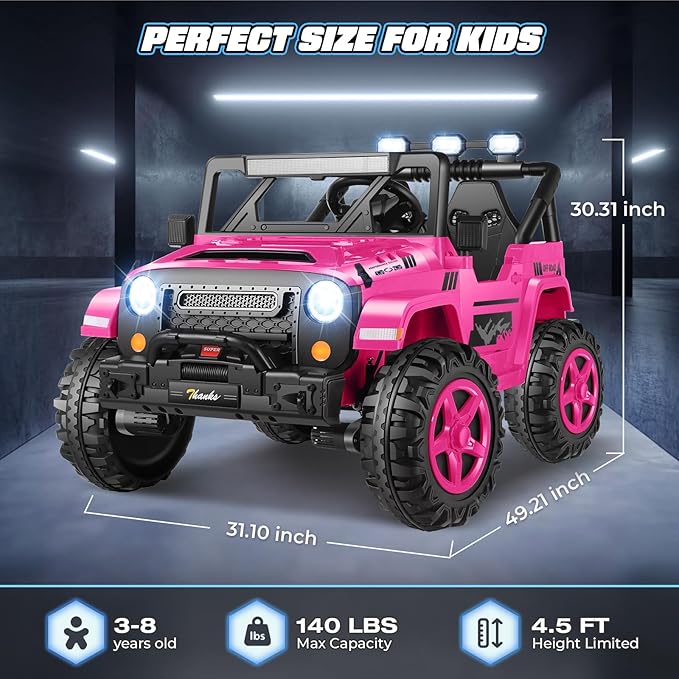Hikole 24V 2 Seater Ride on Cars for Kids - Remote Control, 20" Spacious Seat, 4WD/2WD Switchable Electric Car with LED Lights, Bluetooth, 3 Speeds, Ride on Toys for Kids 3-8, Hot Pink