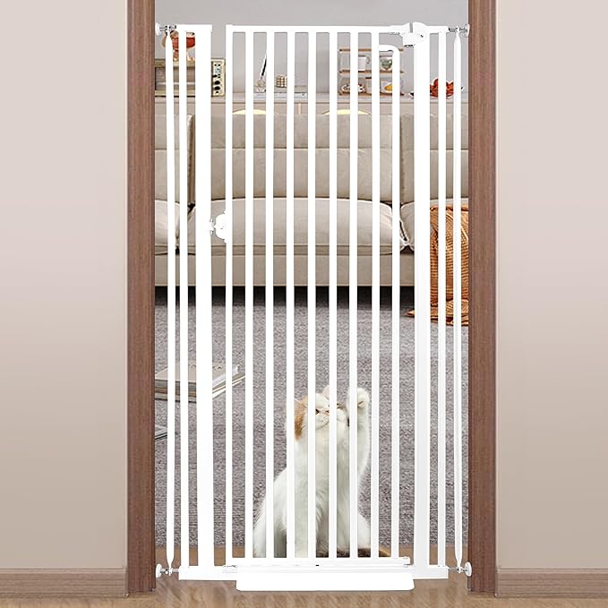 71“ Extra Tall Cat Gate for Doorway：29.4-33.4” Wide Pet Gate, Auto Close/One Handed Open, 1.34” Extra Small Gap, No Drill Pressure Mount Tall Cat Gate for Interior Stairs/Kitchens/Hallways (White)