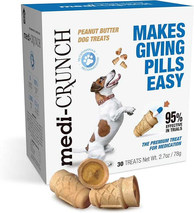 Medi-Crunch Pill Pouches for Dogs, Peanut Butter Dog Pill Treats for Capsules & Tablets, Crunchy Pill Pocket Alternative for Picky Eaters, Hypoallergenic Low Sodium Vet Recommended, 30 Treats