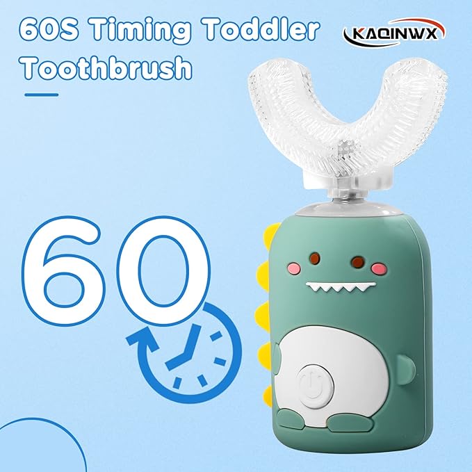 Kids U Shaped Electric Toothbrush for Age 2-12, Rechargeable Toddler Toothbrush with Smart Timer & 3 Clean Modes, Dinosaur Design, IPX7 Waterproof, 3 Brush Heads & 360°Cleaning