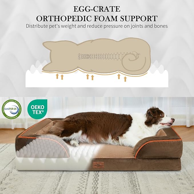 Comfort Expression Orthopedic Dog Bed for Extra Large Dogs 42x30 Inch, Waterproof Supportive Egg Crate Foam XL Pet Bed with Removable Bolsters, Dog Couch with Washable Cover & Non-Slip Bottom, Brown