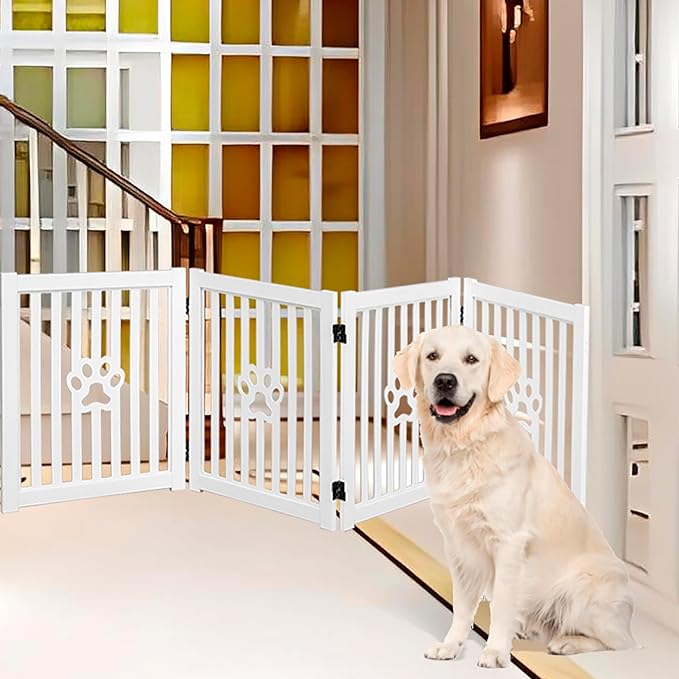 4 Panel Dog Gate - White - Foldable Wooden Freestanding Pet Gate, 80" L x 23.6" H, for Doorways, Halls & Stairs, 360 Degree Rotated Hinges