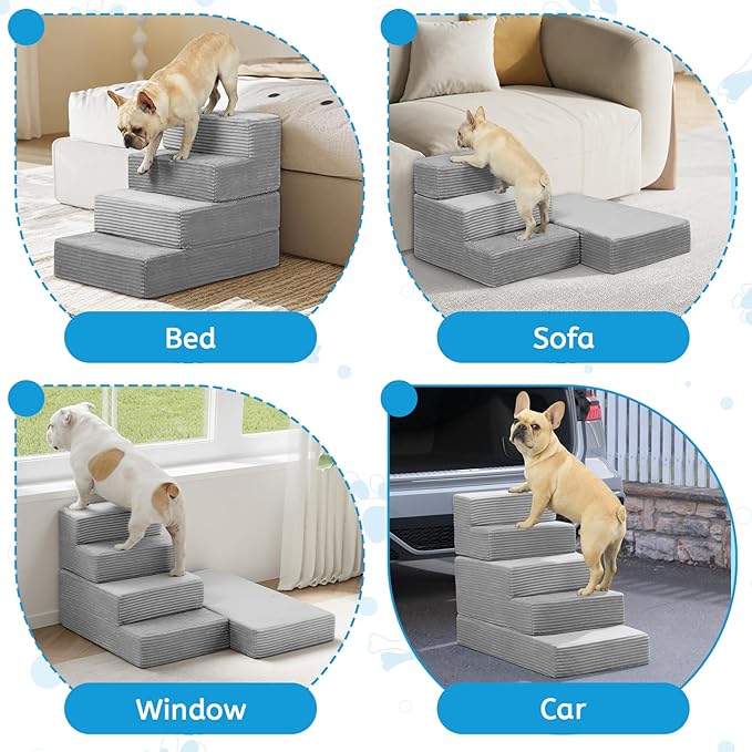 Dog Stairs for Small Dogs, 4 Step Pet Stairs for High Beds and Couch, Dog Steps for Bed Balanced 18" H, Foldable Pet Ramp for Large Cats Climb, Non-Slip Bottom Doggy Step, Light Grey