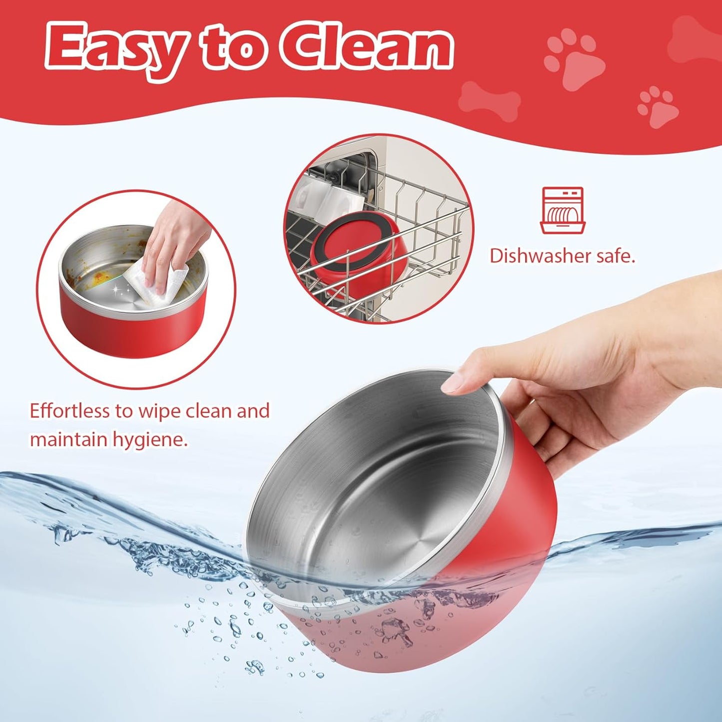 LIANLAI Dog Bowls, Rust-Resistant Stainless Steel Dog Bowls, Non-Slip Double-Walled Pet Dishes, Dishwasher Safe (Red，40 oz)