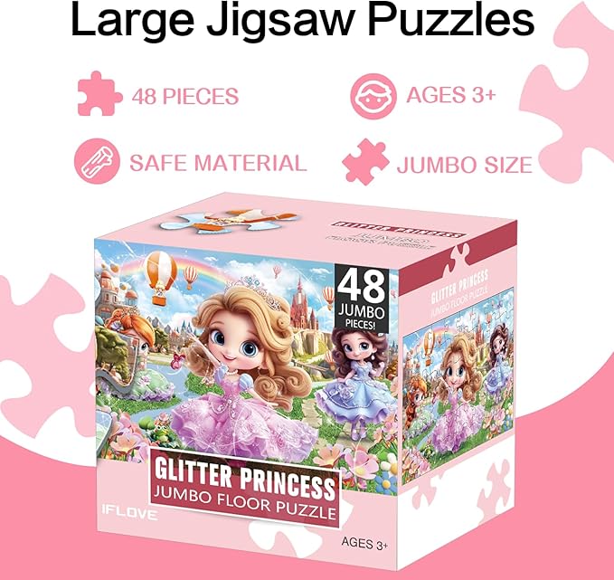 Jumbo Floor Puzzle for Kids,48 Piece Princess Large Jigsaw Puzzles,Puzzle for Toddler Ages 3-5,Preschool Educational Intellectual Development Toy Gift for Boys & Girls Ages 4-8