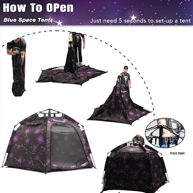 Portable Hexagon Kids Play Tent with LED Strip Lights Indoor Children Play House Easy Set-up Space Dream Tent for Night.4-5 Person Large Tents & Birthday Gifts