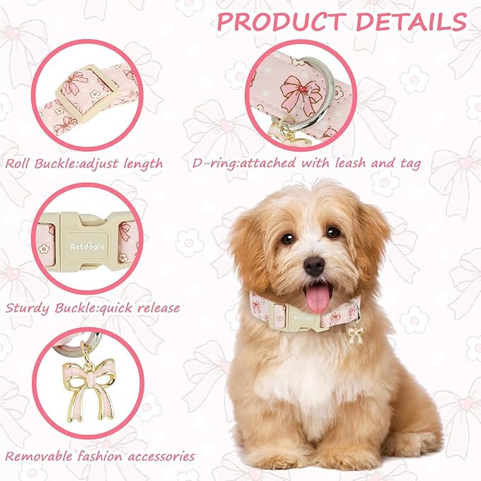 Pink Bow Dog Collar with Flower, Adjustable Cotton Puppy Collar, Cute Girl Boy Dog Collars for Small Medium Large Dogs, Ideal for Gifts,Pet Accessory,L