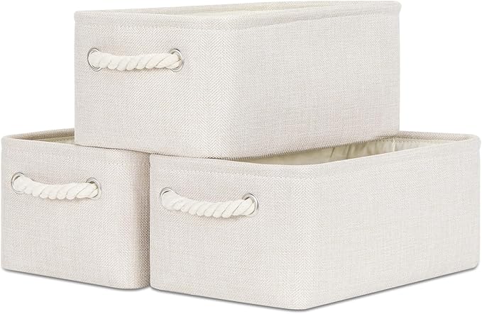 Bidtakay Small Storage Bins for Shelves 3 Pack Fabric Storage Baskets for Organizing 12x8x5 Inch Closet Storage Bins Linen Collapsible Organizer for Closet-Light Biege