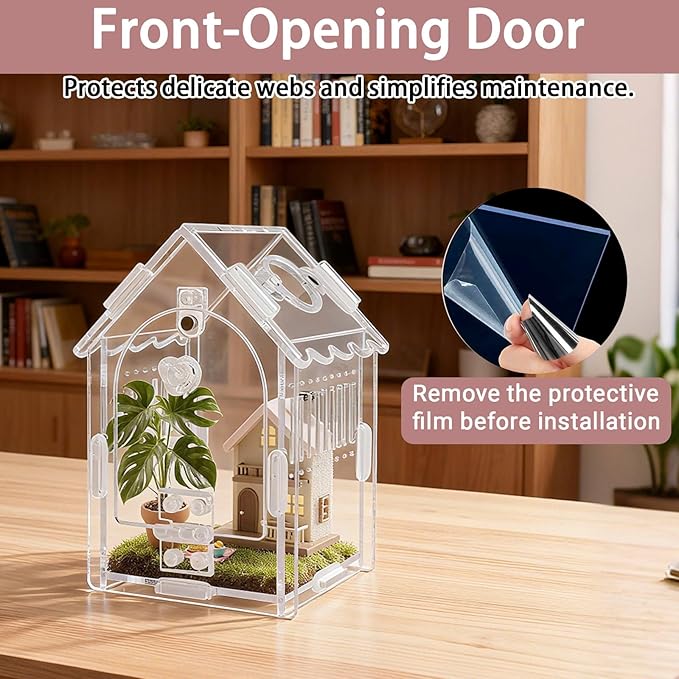 Acrylic Jumping Spider Enclosure 3.15"x3.15"x5.6" – Magnetic Front Opening Terrarium for Tarantulas, Mantis & Small Reptiles | Escape-Proof Habitat with Ventilation & No-Tool Assembly