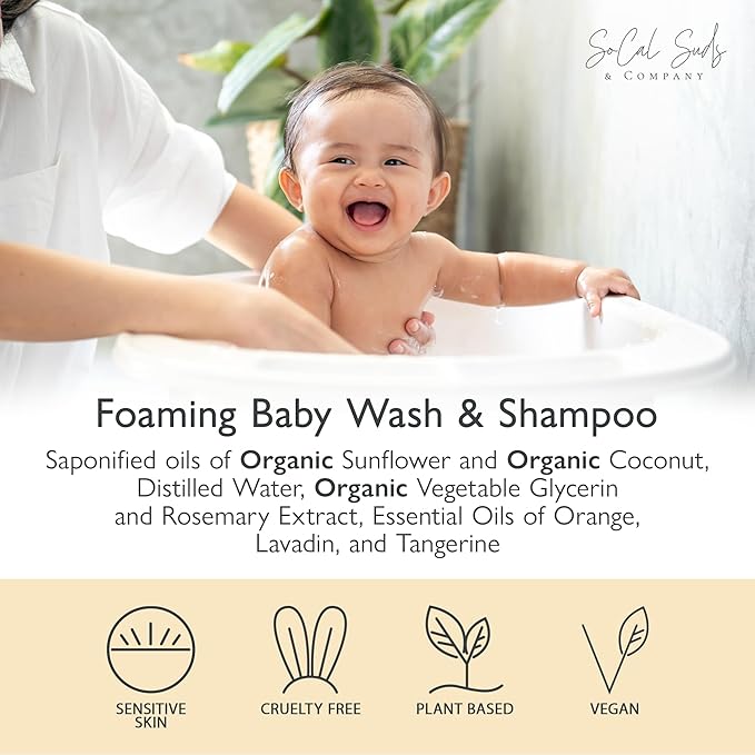 SoCal Suds & Company - 2-in-1 Organic Foaming Baby Shampoo & Body Wash Refill- Natural Botanical Castile Soap Baby Wash Sensitive Skin, Newborn Nourishing Soothing Ingredients - Soft Citrus, 32oz