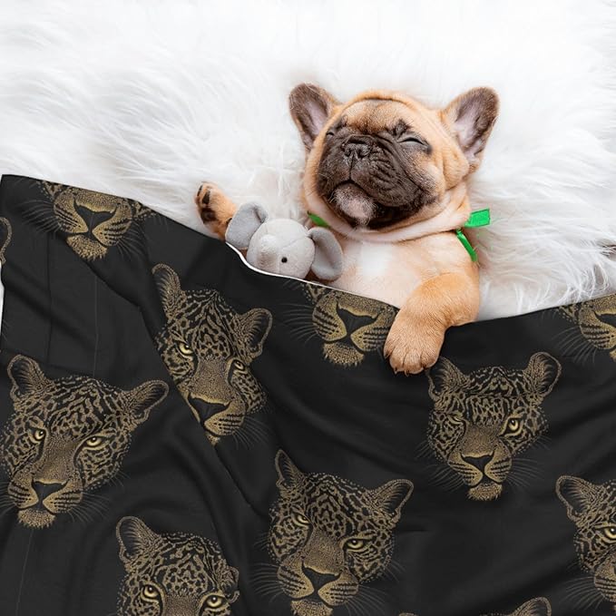 Double Sided Pet Mat for Dog Bed Topper Cat Blanket Furniture Protector, Black Gold Glitter Cheetah Leopard Print, Reversible Plush with Tactile Dot Pattern for Style Change