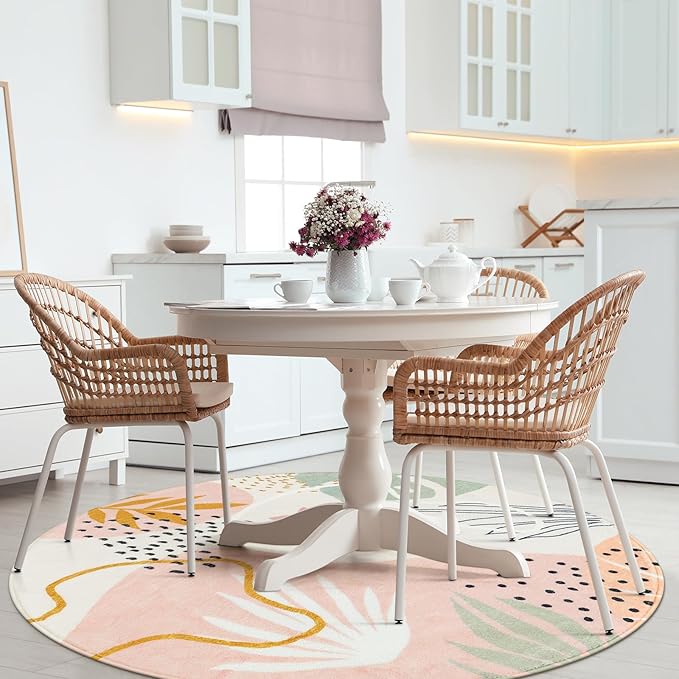 Lahome Pink Round Rugs 5Ft - Washable Boho Large Round Area Rug for Living Room Non-Slip Throw Ultra- Thin Circle Rugs for Bedroom Nursery, Cute Soft Botanical Print Round Carpet for Classroom Office