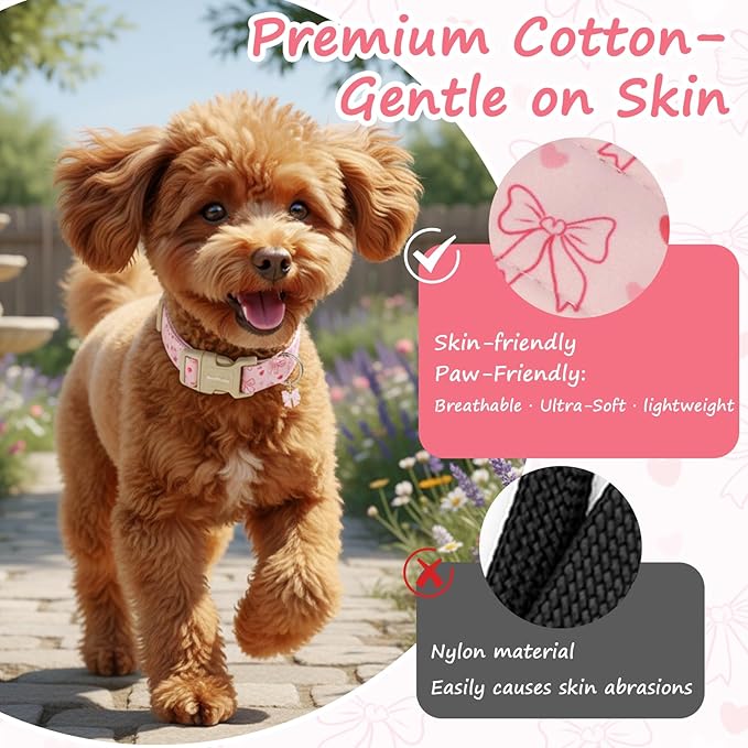 Pink Bow Dog Collar, Adjustable Cotton Dog Collar for Small Medium Large Dogs, Cute Puppy Collars for Girl Female Dogs, Ideal for Gifts,Pet Accessory,S
