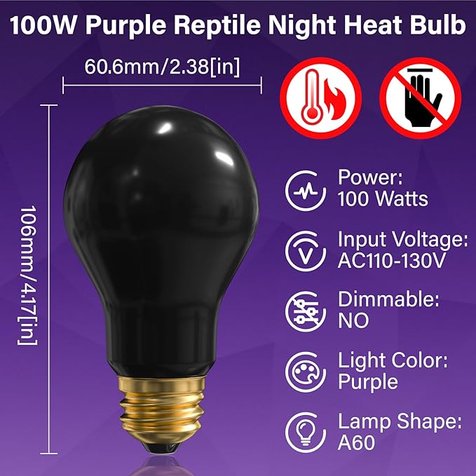 Reptile Heat Lamp Bulbs-100W Tortoise Night Heat Bulb E26 Terrarium Heat Lamp Simulate Natural Moon Purple Light for Snake Bearded Dragon Leopard Gecko Lizard Chameleon-2Pack