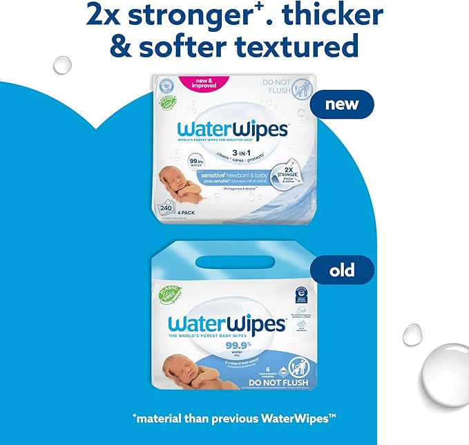 WaterWipes Sensitive+ Newborn & Baby Wipes, 3-In-1 Cleans, Cares, Protects, 99.9% Water, Unscented & Hypoallergenic, 240 Count (4 Packs)