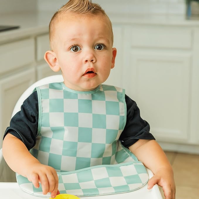 Tiny Twinkle Mess Proof Baby Bib - Waterproof & Lightweight Baby-Led Weaning Apron | 100% Recycled Polyester, Easy Clean & Machine Washable (Green Checkers, Large 2-4 Years)