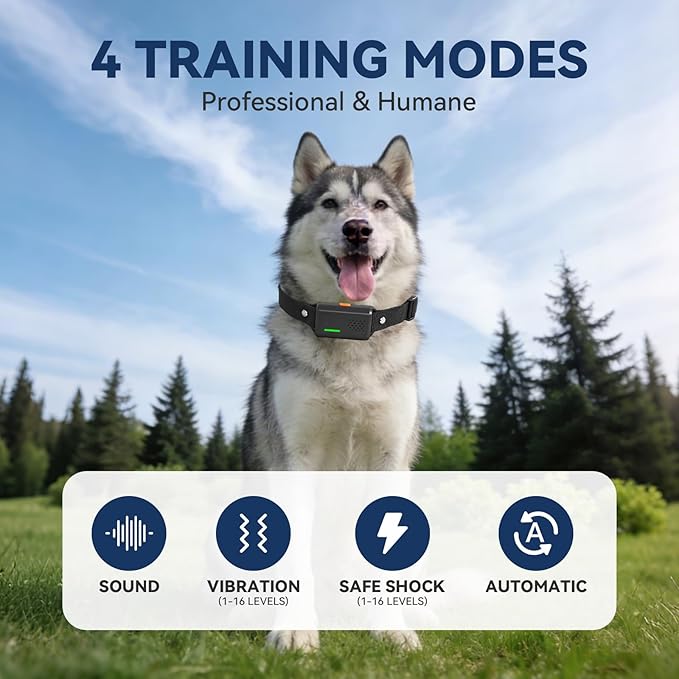 CanineJoy Dog Shock Collar and Automatic Bark Collar - 2-in-1 4200FT Dog Training Collar with Remote Control, Waterproof Electric Collar with 4 Training Modes, Security Lock, Rechargeable E-Collar