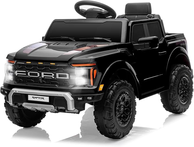 12V Ride on Car Licensed Ford F-150 Raptor, Kids Electric Car with Remote Control, LED Light/Music/MP3, Truck Bed Storage, 3-Point Seat Belt (12V, Black)