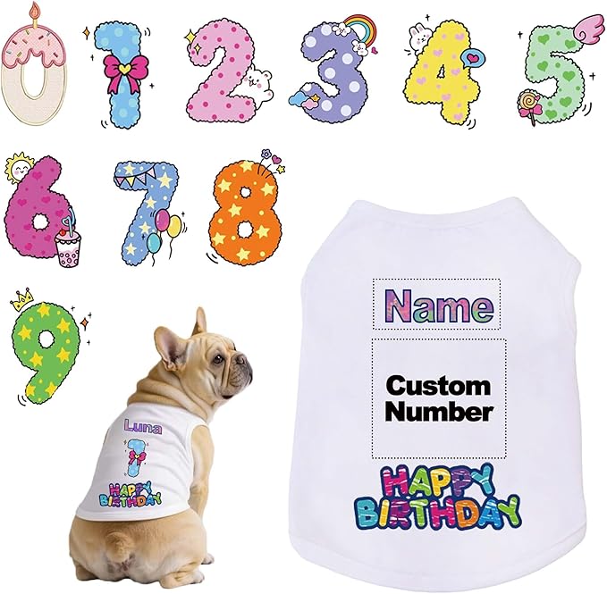 Custom Dog Birthday Shirt,Personalized Pet Apparel Print with Name Age Number,Pet Birthday Outfit,Lightweight Breathable Cotton Vest for Small Medium Large Dogs Cat (White, X-Large)