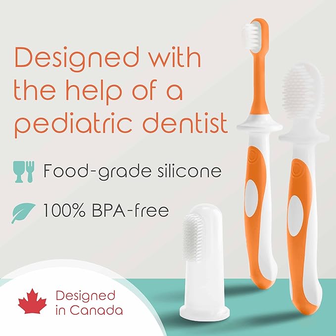 Cherish Baby Care Baby Toothbrush & Toddler Toothbrush Set (0-2 Years) - BPA-Free & Safety-Tested, 2023 Award Winner, Food-Grade Silicone (Orange)