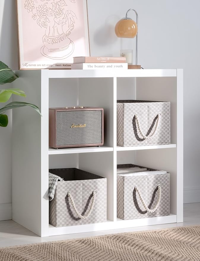 StorageWorks Storage Baskets for Shelves, Foldable Fabric Closet Storage Bins with Handles, Fabric Storage Bins Clothes Organizer, Khaki Check, 3-Pack, Large