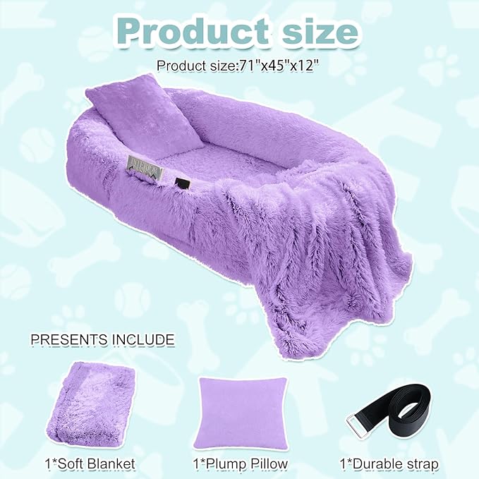 YAEM Human Dog Bed for Adult and Pets - 71"x45"x12" Dogs Beds for Humans with Washable Faux Fur Cover, Plump Pillow, Blanket, Orthopedic Design, Strap-Purple
