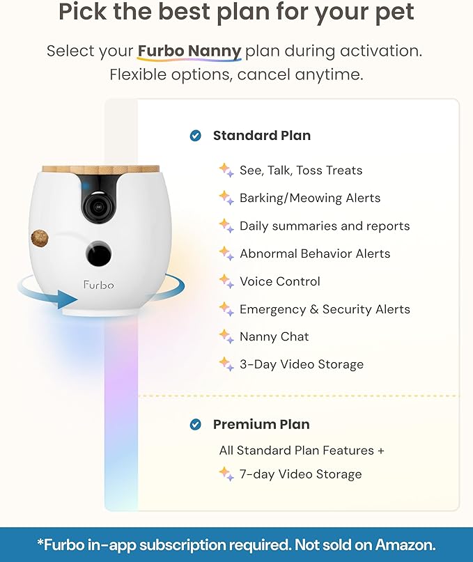 Furbo Mini 360° 2K QHD Pet Camera + Power Adapter - Unlock w/Paid Plan: Dog & Cat Safety Alerts, Smart Cam Rotating Treat Toss w/2-Way Speaker (Low Risk Subscription Required, 3mo Min. Cancel Anytime)